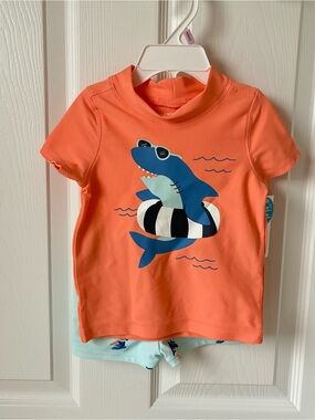 Carter's Coral Short-Sleeve Rashguard with Blue Shark Graphic